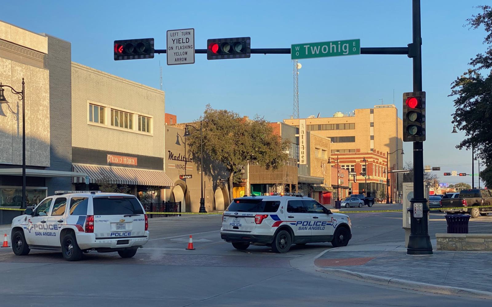 The police blockade on Chadborune Street in downtown San Angelo.