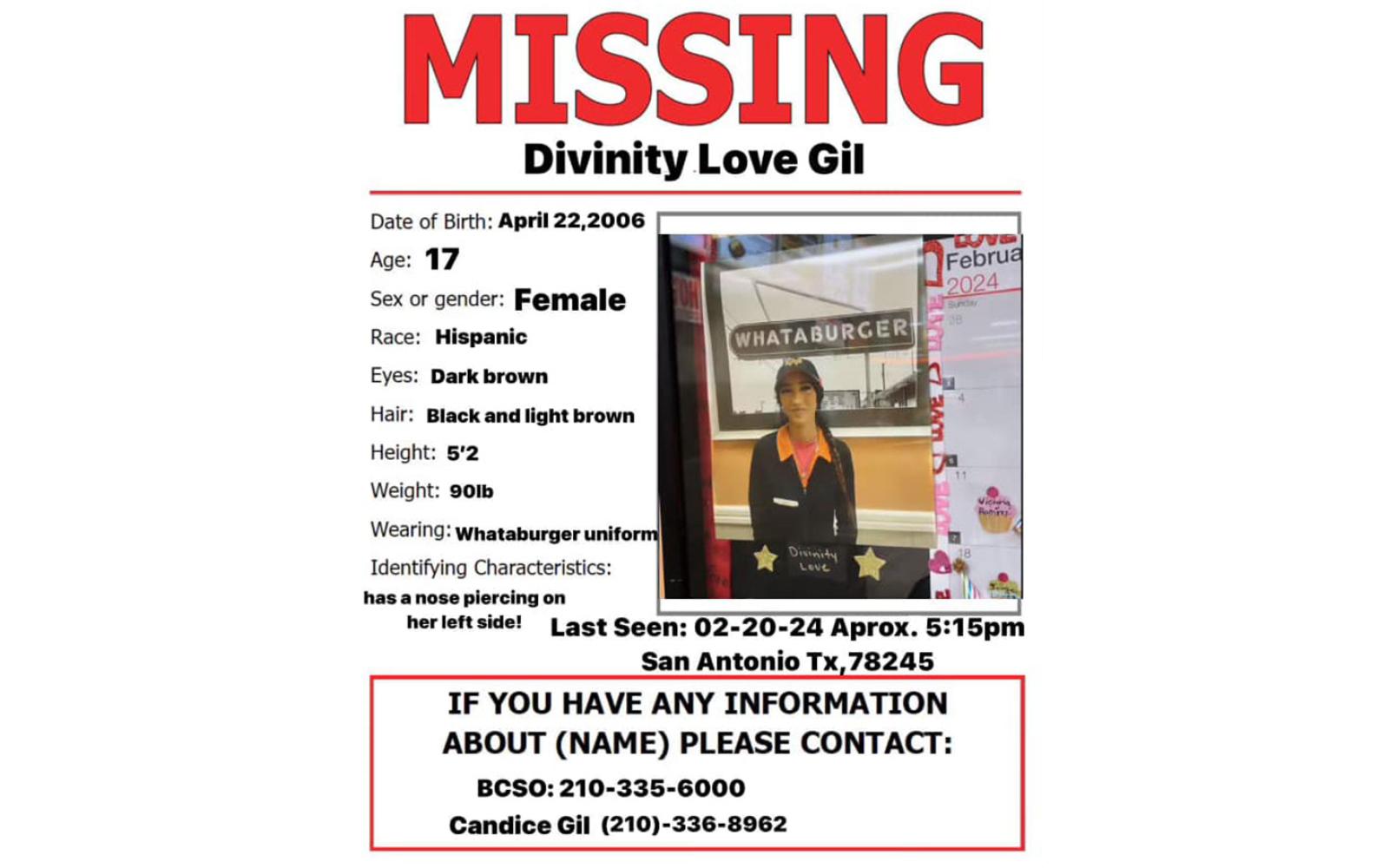 Divinity Gil went missing on Feb 20, 2024 at around 5:15 p.m. She was headed to work at her job at Whataburger