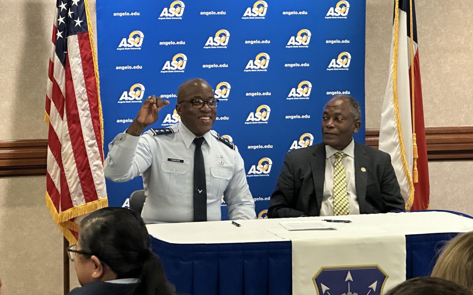 USAF Lt. Gen. Stacey Hawkins (Left) and Angelo State University President Lt. Gen. Ronnie Hawkins Jr. (Right)