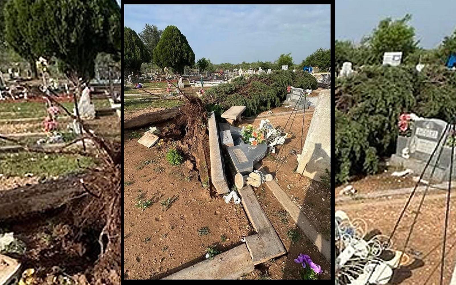 Damage to a cemetery from a Facebook screenshot and confirmed by Jason Gore.