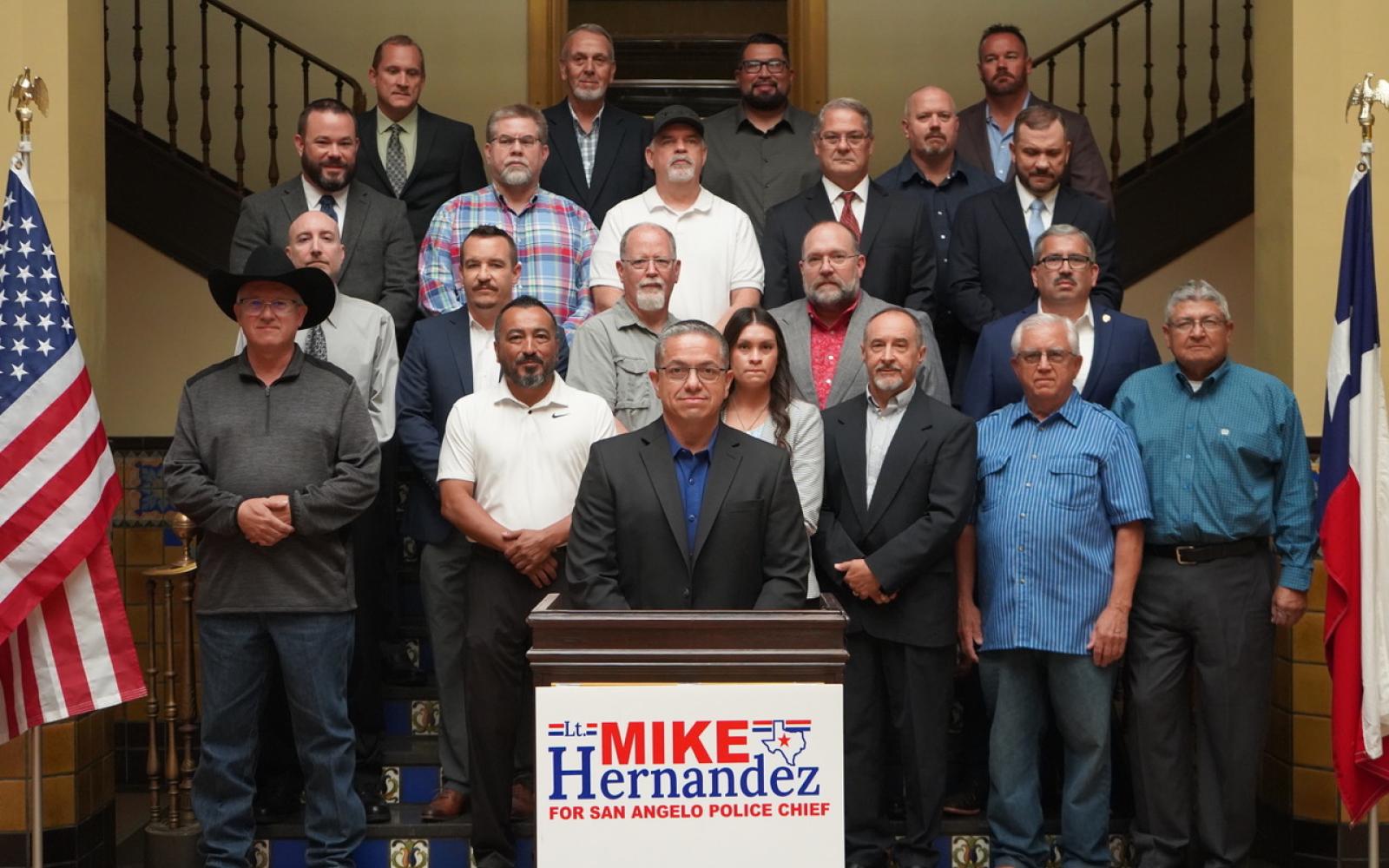 Lt. Mike Hernandez, flanked by 21 current and retired San Angelo police officers and local law enforcement leaders unveiled his action plan for the first 100 days of his administration should he be elected.