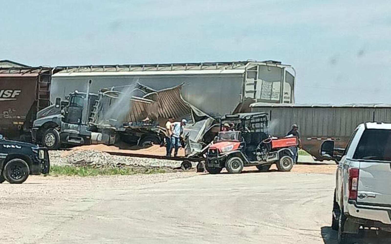 MILES, TX — This afternoon, a truck tractor towing a semi-trailer had its trailer cut in half after a train collided with it.