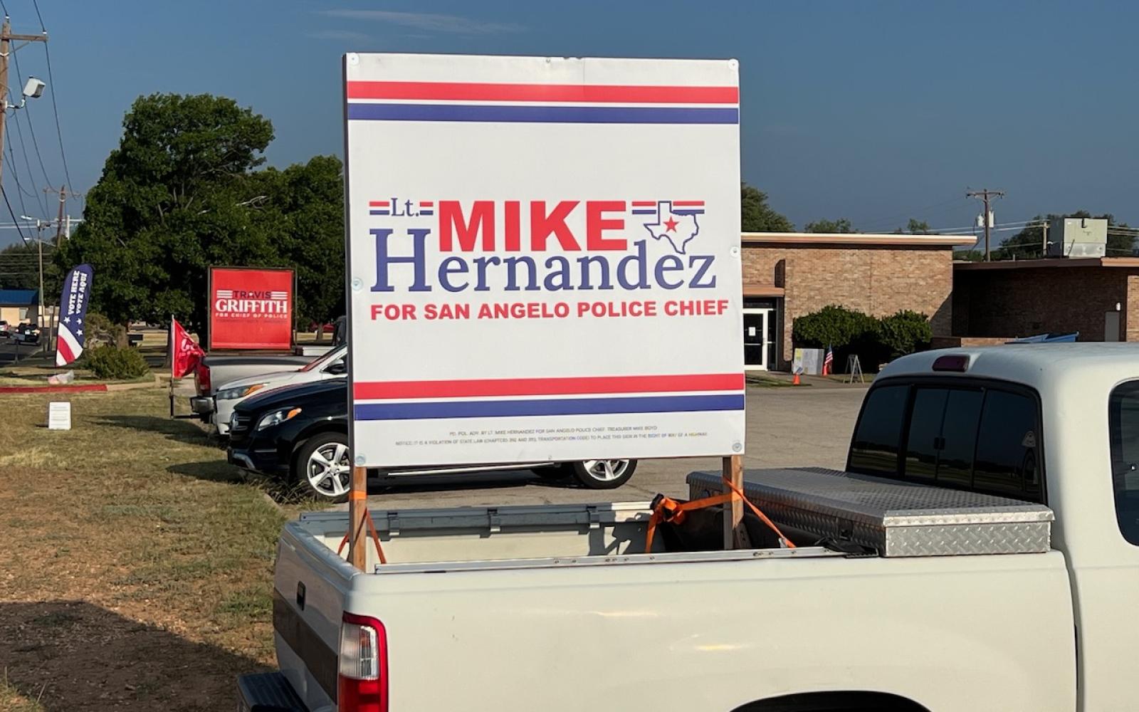 Parking pickups with the candidate's signs in the bed is a popular way to promote a candidate on election day at the polling locations.
