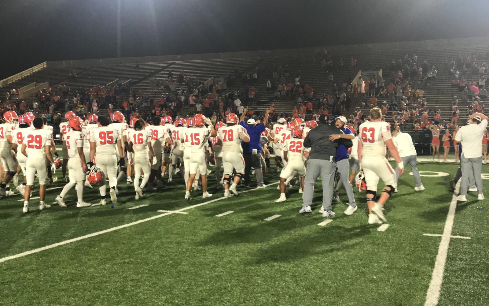 The Central Bobcats celebrate after their 31-27 win over Abilene Cooper on Friday, Sept. 13, 2024, at Shotwell Stadium in Abilene.