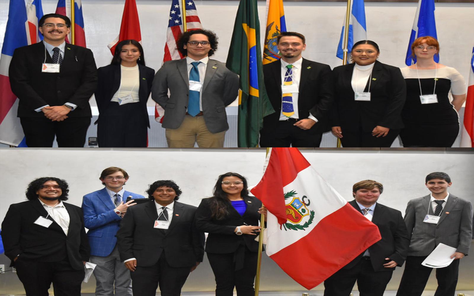 Top photo: ASU Team Brazil (L-R): Andy Martinez, Isabela Casillas, Rogelio Montemayor, Mattvey Carter, Ajhani Aguillon and Gwendalynn Watkins.   Bottom photo: ASU Team Peru (L-R): Zachary Rodriguez, Pierce Law, Alan Verastegui, Lisa Solis, Garrett Bryson and Seth Hubbell