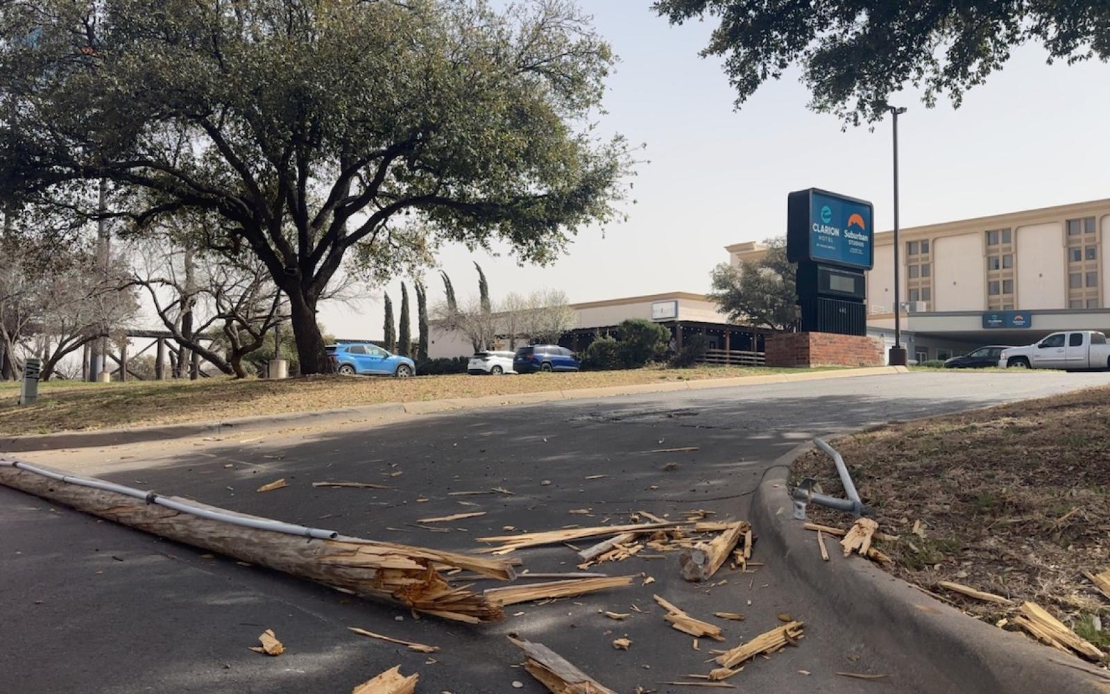 A downed telephone pole at the Arc Light Sports Bar & Grill, 441 Rio Concho, on March 12, 2025.