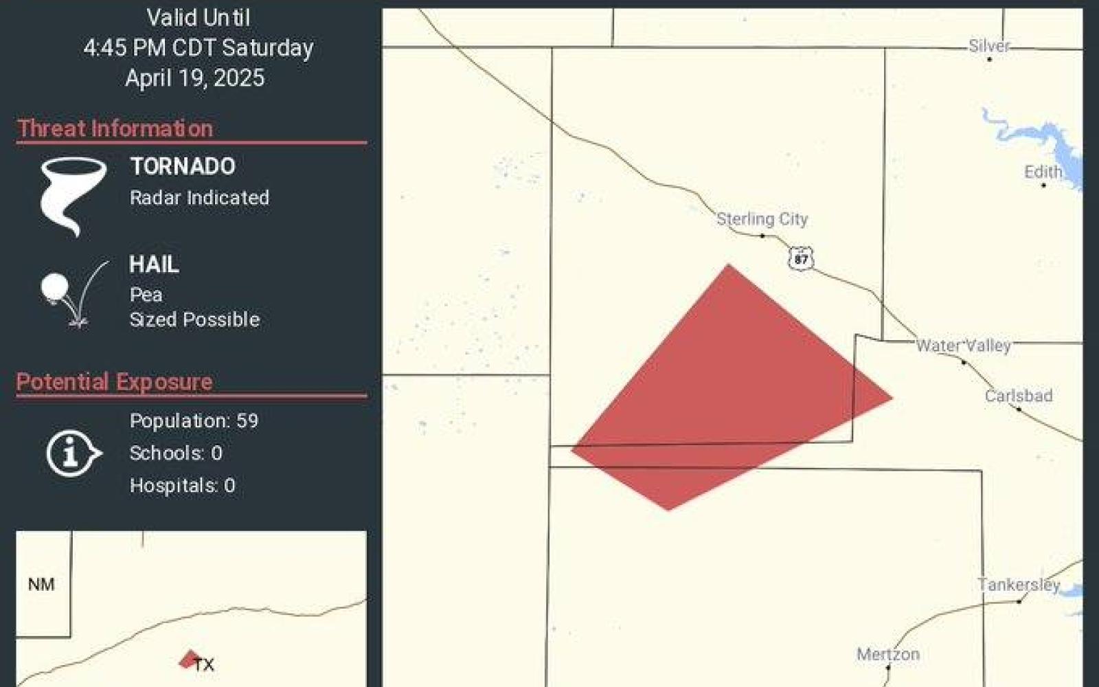 A tornado was confirmed on the ground near the Tom Green and Sterling county line, according to an alert issued by the National Weather Service at 4 p.m. Saturday, April 19.