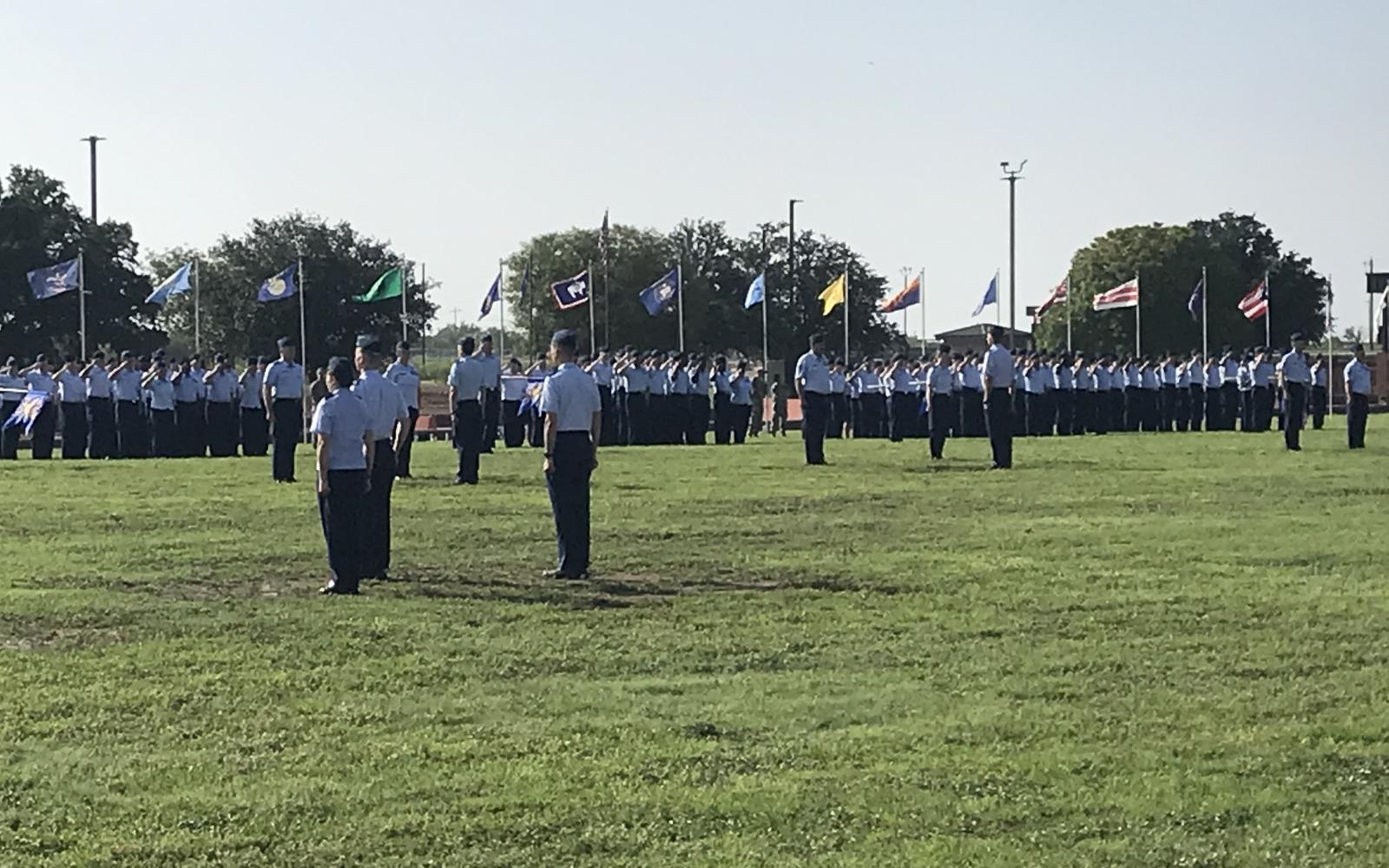 Numerous airmen were lined up in the Parade Field during the change of command ceremony at Goodfellow Air Force Base on Thursday, July 17, 2025.