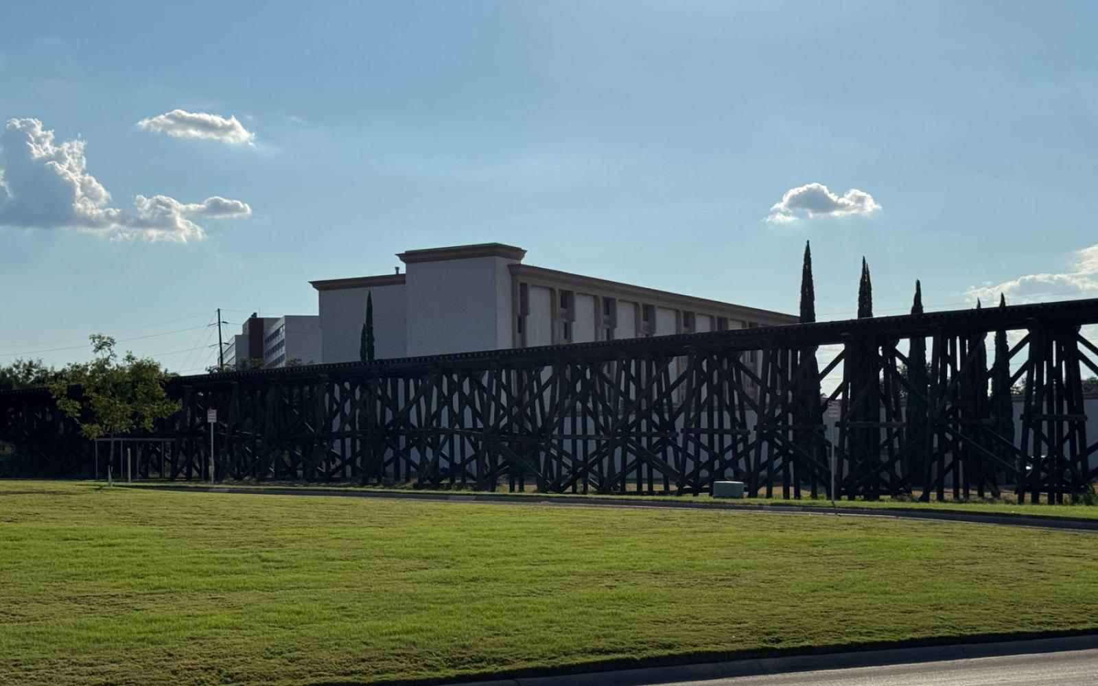 The 140-room Clarion Hotel, built in 1984, sits in a strategic location next to the McNease Convention Center and a picturesque railroad trestle of the former Kansas City, Mexico and Orient of Texas rail line, now called the Texas Pacifico, or TXPF.