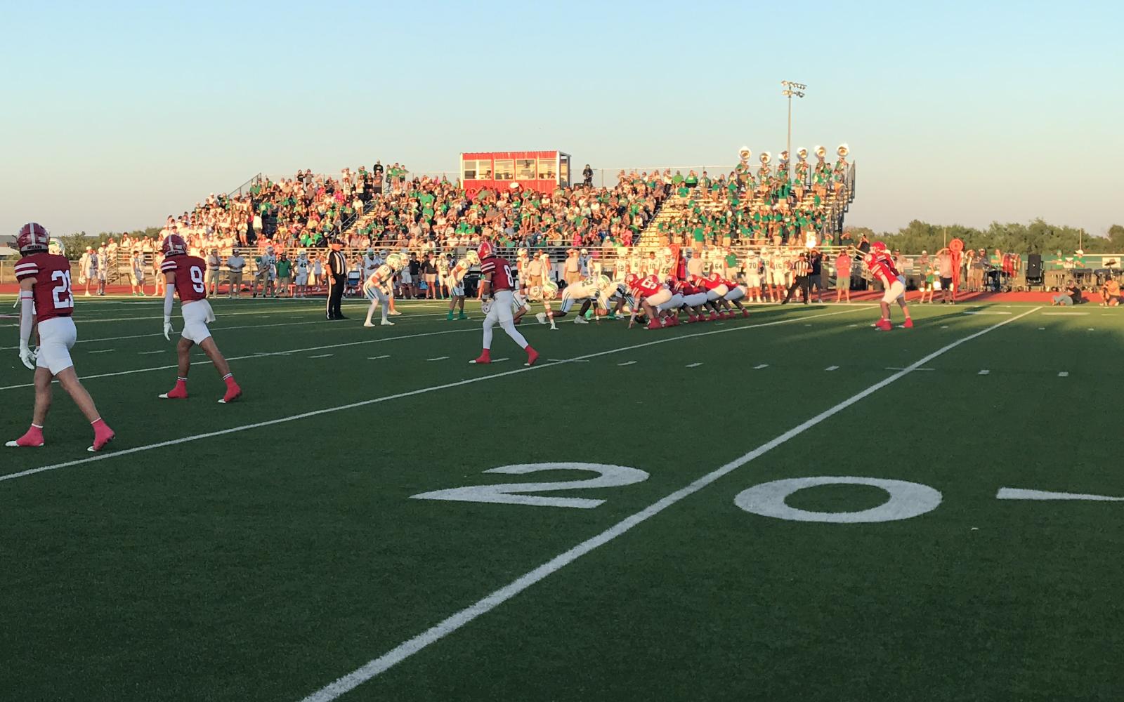 The Jim Ned Indians offense prepares for the snap against the Wall Hawks defense in Tuscola on Friday, Sept. 12, 2025.