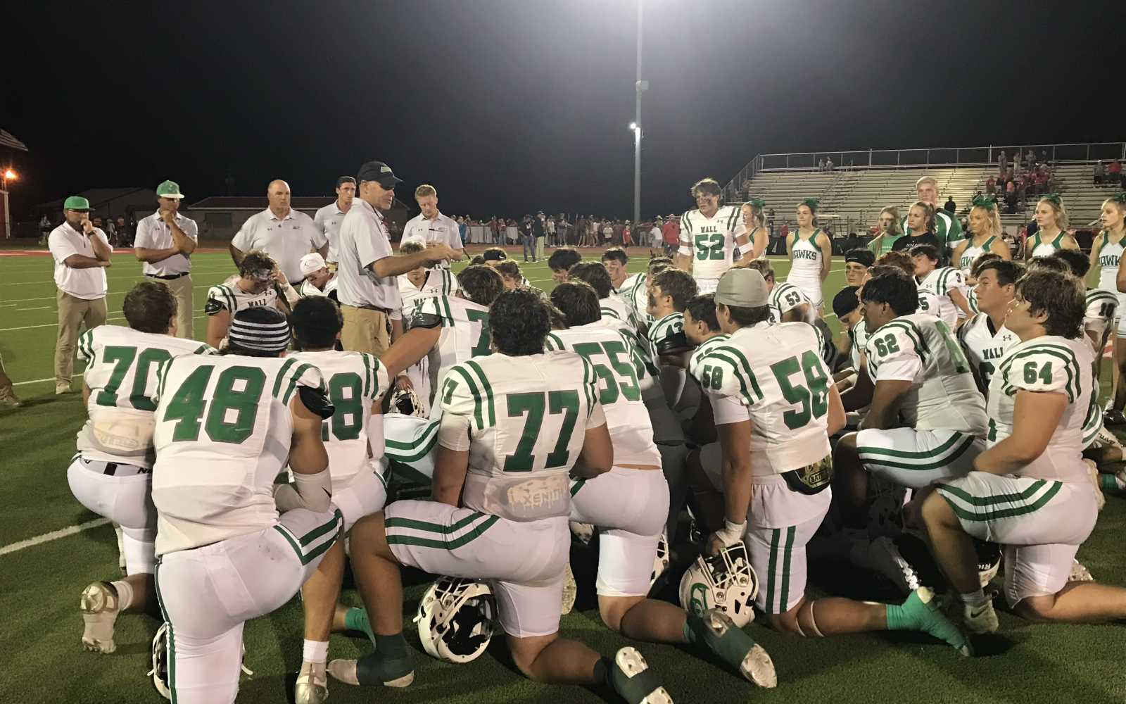 Wall head football coach Craig Slaughter talks to his team following their 24-0 win over Jim Ned on Friday, Sept. 12, 2025.