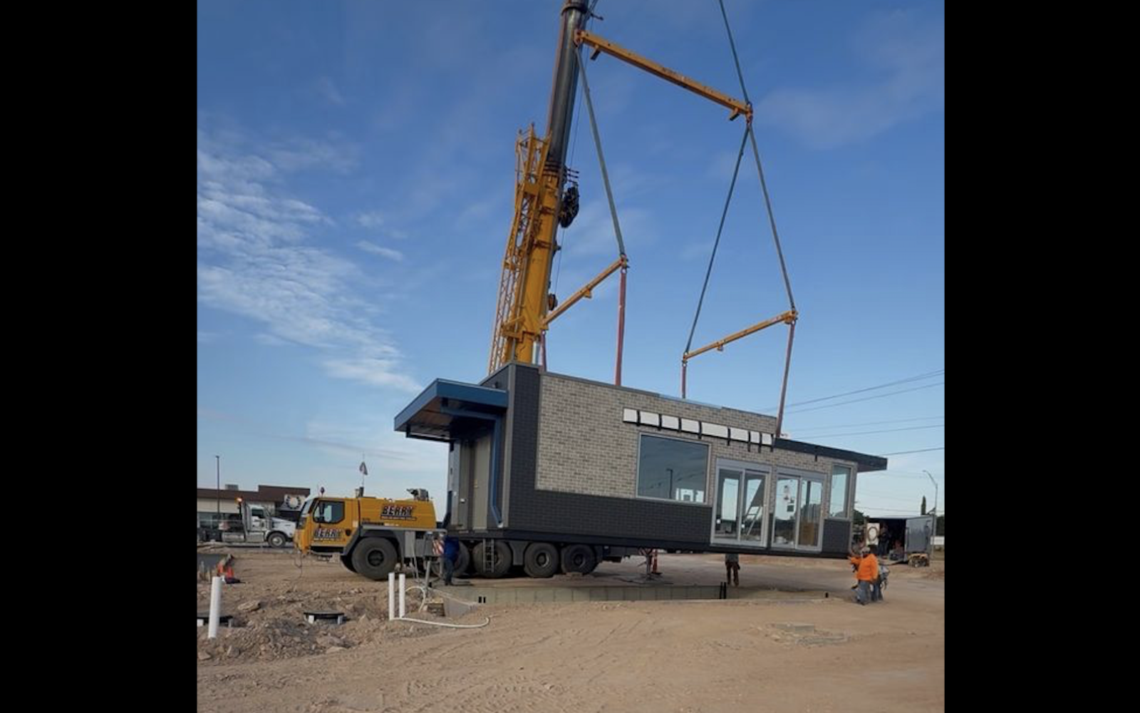 The newest 7 Brew in San Angelo is weeks away from opening after construction crews placed the drive-thru coffee stand on the ground Wednesday.