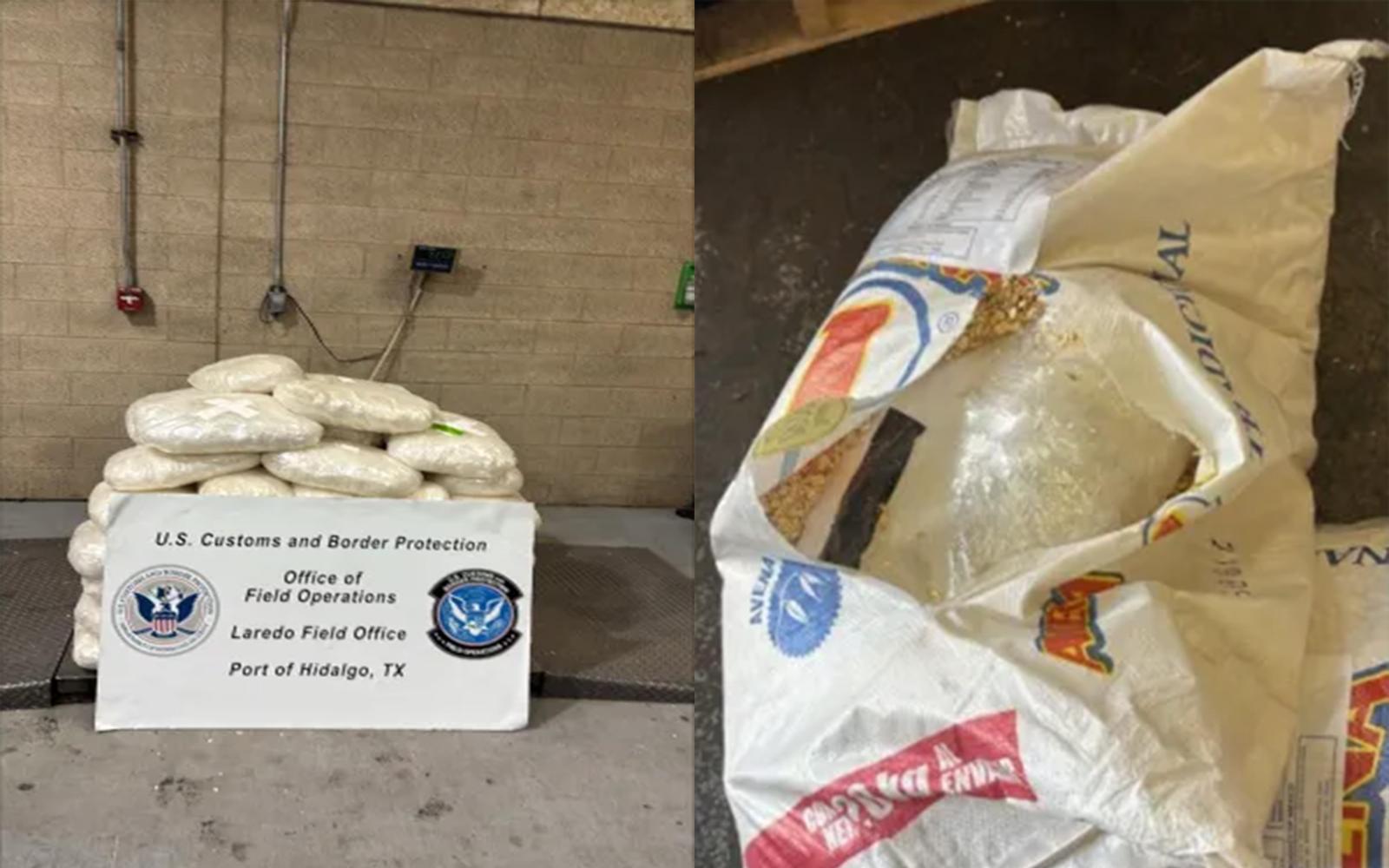 (Left) Packages containing 1,156 pounds of methamphetamine seized by CBP officers at Pharr International Bridge. (Right) A package of methamphetamine within a sack of oat flakes.