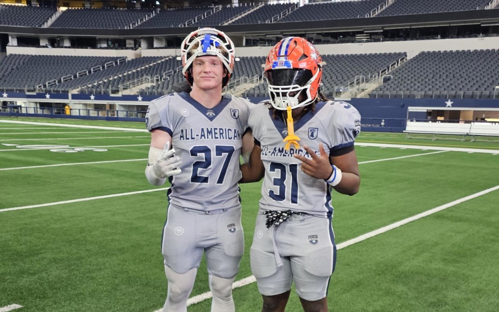 Central Bobcats' Mason Van Sickle (Left) and Jaekob Jackson (Right) at the Blue vs. Grey All-America Bowl in Arlington