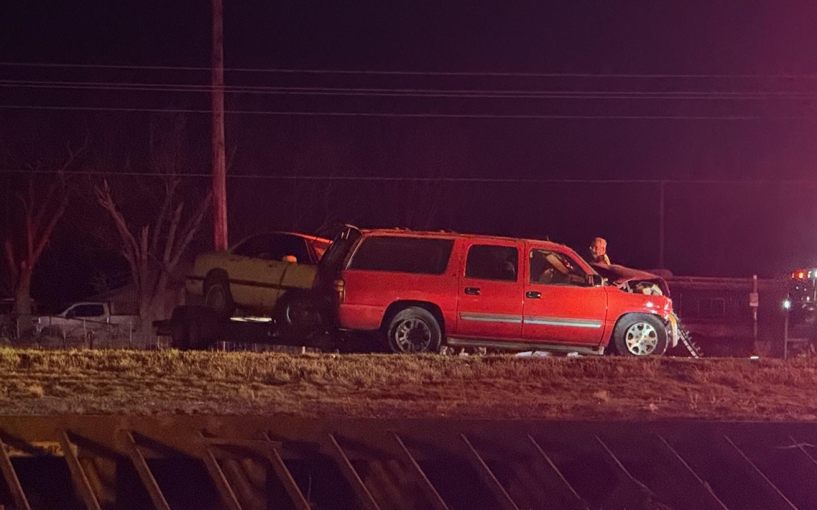 At least two vehicles, a red Suburban and a small sedan, collided on US 87 north near the Old Sterling City Highway intersection a mile north of Grape Creek. Our reporter on the scene witnessed a trailer behind the Suburban that appeared to have two additional vehicles.