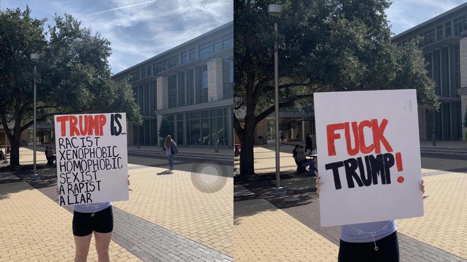 Obscene signs held by a student near the Memorial Student Center posted by jennaoski on Twitter Obscene signs held by a student near the Memorial Student Center posted by jennaoski on Twitter