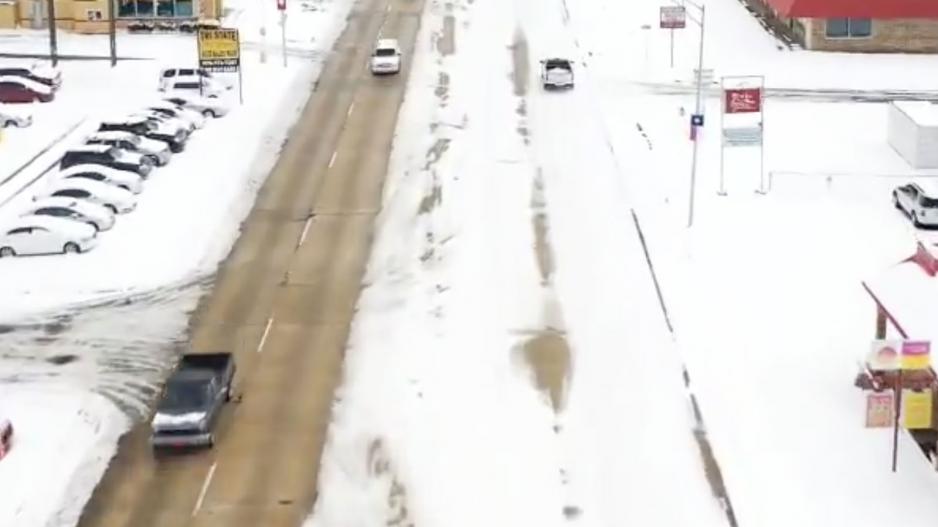 On the left is the Arkansas side of Texarkana; on the right is the unplowed Texas side. Taken from Charles Peek's drone footage on Twitter On the left is the Arkansas side of Texarkana; on the right is the unplowed Texas side. Taken from Charles Peek's drone footage on Twitter