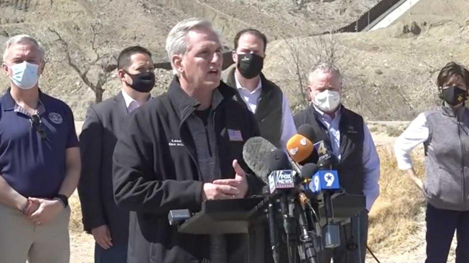 House Minority Leader Kevin McCarthy is flanked by Congressmen Tony Gonzales (TX-23) and August Pfluger (TX-11) during a fact-finding visit to border security facilities in El Paso on March 15, 2021. House Minority Leader Kevin McCarthy is flanked by Congressmen Tony Gonzales (TX-23) and August Pfluger (TX-11) during a fact-finding visit to border security facilities in El Paso on March 15, 2021.