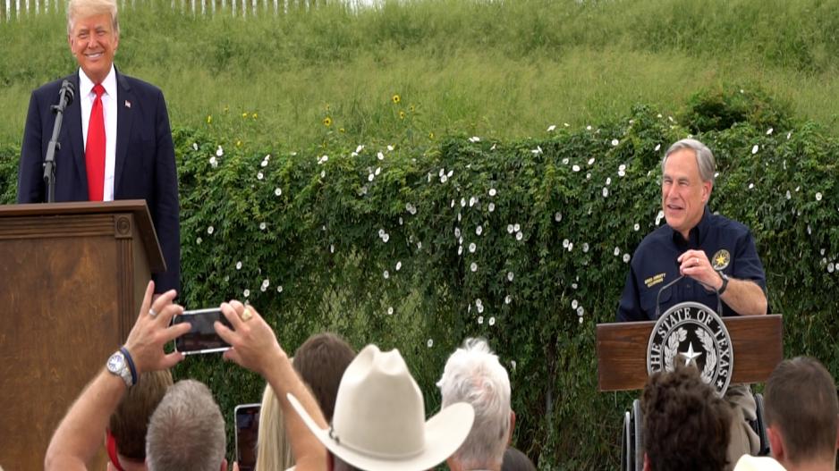 Former President Donald Trump and Texas Governor Greg Abbott at the unfinished border wall in Pharr, Texas. Former President Donald Trump and Texas Governor Greg Abbott at the unfinished border wall in Pharr, Texas.