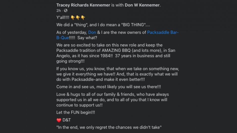 Packsaddle BBQ has new owners. Packsaddle BBQ has new owners.