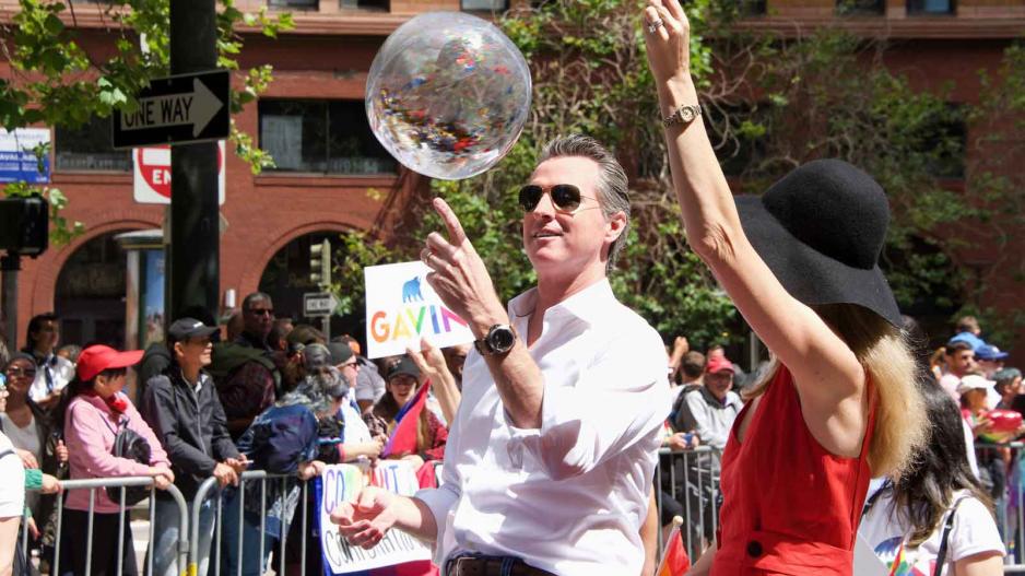 California Governor Gavin Newsom in a 2019 Gay Pride Parade in San Francisco California Governor Gavin Newsom in a 2019 Gay Pride Parade in San Francisco