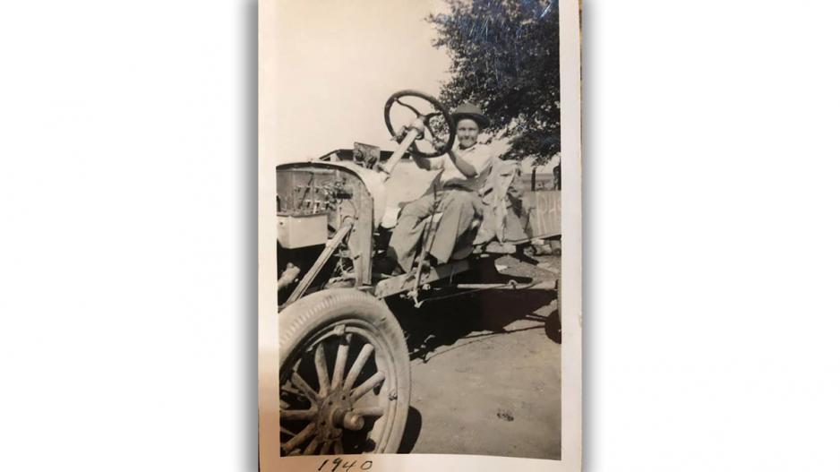 Charles Engdahl in the car he built. Charles Engdahl in the car he built.