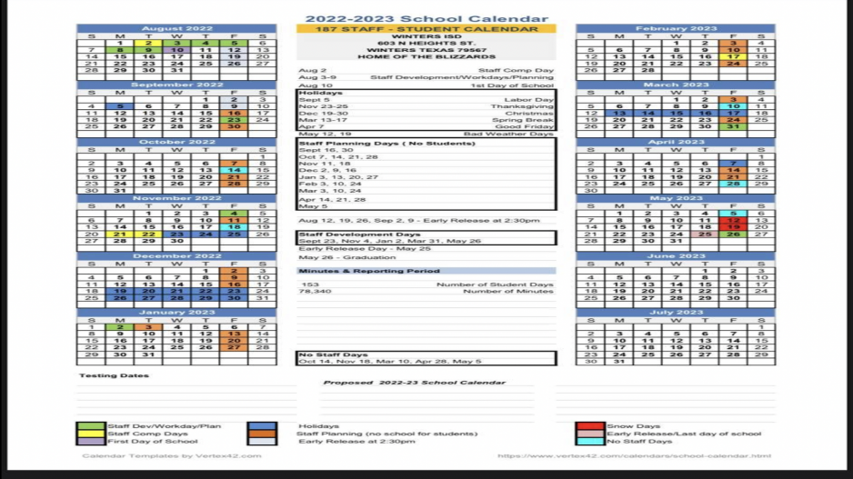 Winters ISD 4-Day School Week Calendar Winters ISD 4-Day School Week Calendar