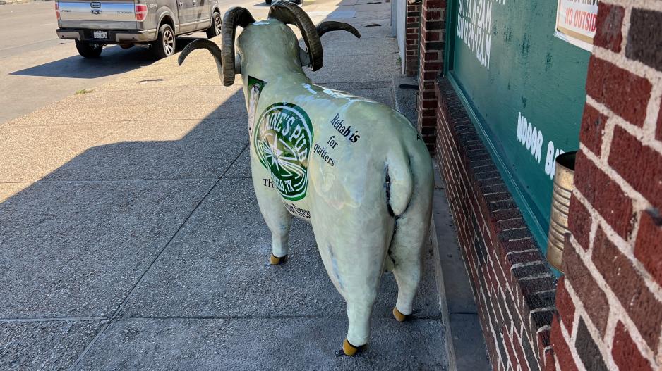 The ram bolted down in front of Blaine's Pub was unveiled on July 7, 2022 The ram bolted down in front of Blaine's Pub was unveiled on July 7, 2022