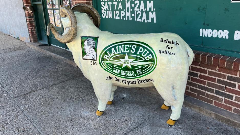 The ram bolted down in front of Blaine's Pub was unveiled on July 7, 2022 The ram bolted down in front of Blaine's Pub was unveiled on July 7, 2022