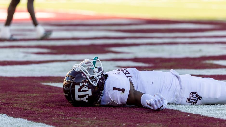 Texas A&M wide receiver Evan Stewart (1) lays in the end zone after dropping a pass during an NCAA football game against Mississippi State, Saturday, Oct. 1, 2022, in Starkville, Miss. (AP Photo/Vasha Hunt) Texas A&M wide receiver Evan Stewart (1) lays in the end zone after dropping a pass during an NCAA football game against Mississippi State, Saturday, Oct. 1, 2022, in Starkville, Miss. (AP Photo/Vasha Hunt)