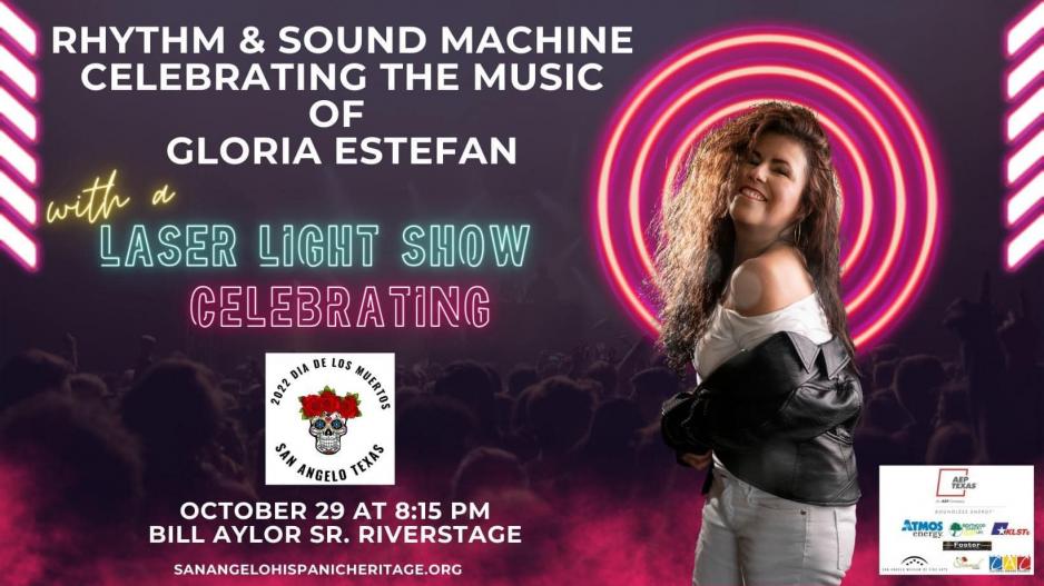 Rebecca Pena as Gloria Estefan in a promotional graphic for the Dia De Los Muertos Celebration in 2022 Rebecca Pena as Gloria Estefan in a promotional graphic for the Dia De Los Muertos Celebration in 2022