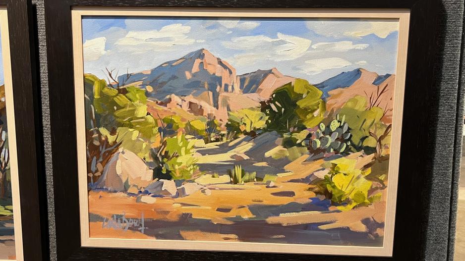 A wider view of Carla Bosch's "Rattlesnake Mountain" painting during the 2022 En Plein Air Texas competition in San Angelo, Texas A wider view of Carla Bosch's "Rattlesnake Mountain" painting during the 2022 En Plein Air Texas competition in San Angelo, Texas