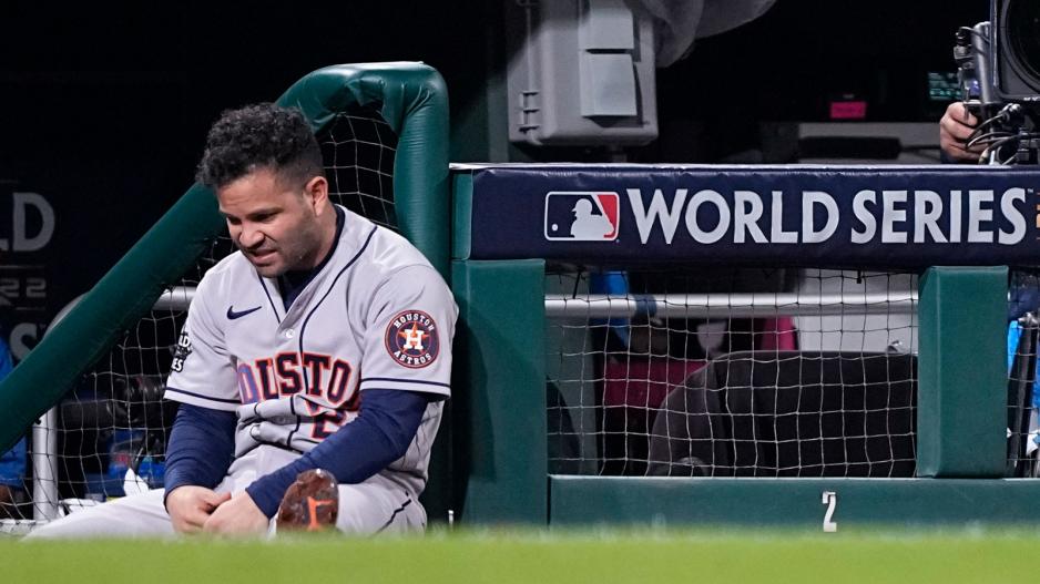 Houston Astros second baseman Jose Altuve reacts to play during the eighth inning in Game 3 of baseball's World Series between the Houston Astros and the Philadelphia Phillies on Tuesday, Nov. 1, 2022, in Philadelphia. (AP Photo/David J. Phillip) Houston Astros second baseman Jose Altuve reacts to play during the eighth inning in Game 3 of baseball's World Series between the Houston Astros and the Philadelphia Phillies on Tuesday, Nov. 1, 2022, in Philadelphia. (AP Photo/David J. Phillip)