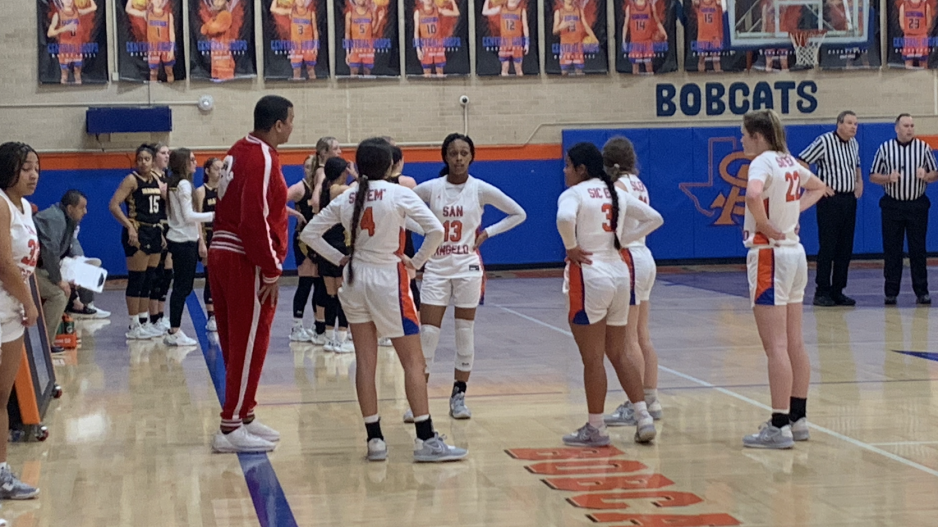 Lady Cats during a timeout Lady Cats during a timeout