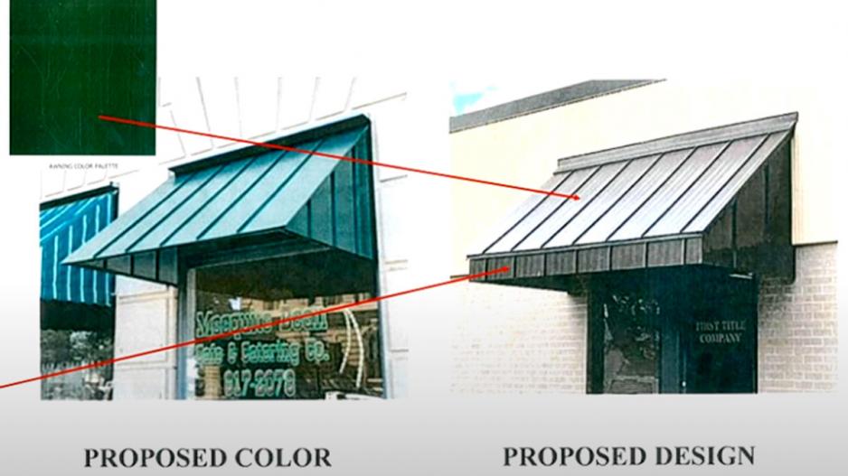Depictions of the steel awnings proposed for the Cactus Hotel. The far left is a partial photo of the current canvas awning, the center is the steel awning that is installed over one opening, and the right rendering is the proposed awning. Depictions of the steel awnings proposed for the Cactus Hotel. The far left is a partial photo of the current canvas awning, the center is the steel awning that is installed over one opening, and the right rendering is the proposed awning.