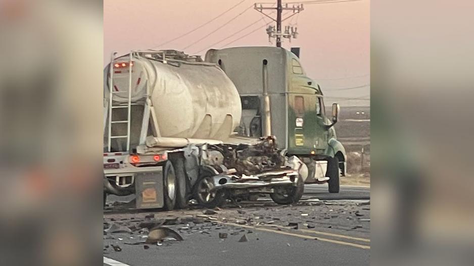 A sandtruck crushes a Ram pickup on SH 349 about halfway between between Rankin and Midland in the early morning hours of Jan. 21, 2023. A sandtruck crushes a Ram pickup on SH 349 about halfway between between Rankin and Midland in the early morning hours of Jan. 21, 2023.