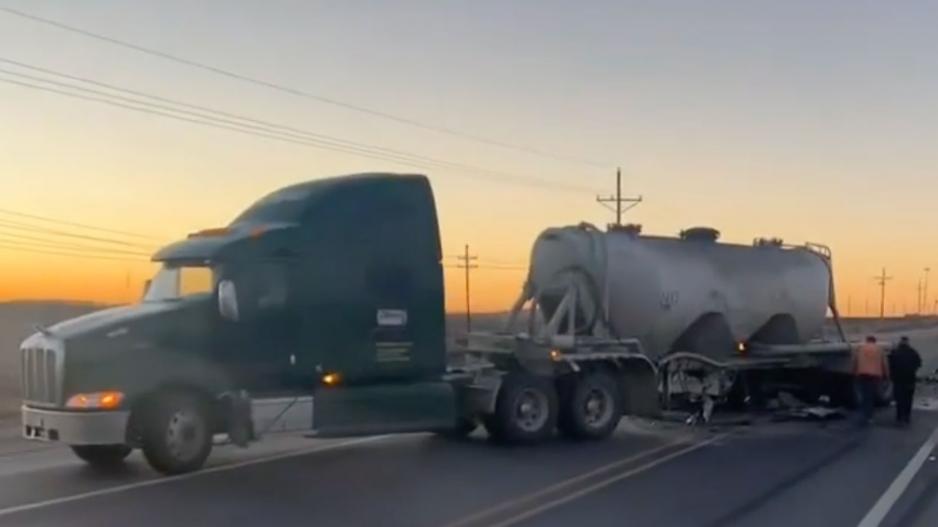 A sandtruck crushes a Ram pickup on SH 349 about halfway between between Rankin and Midland in the early morning hours of Jan. 21, 2023. A sandtruck crushes a Ram pickup on SH 349 about halfway between between Rankin and Midland in the early morning hours of Jan. 21, 2023.