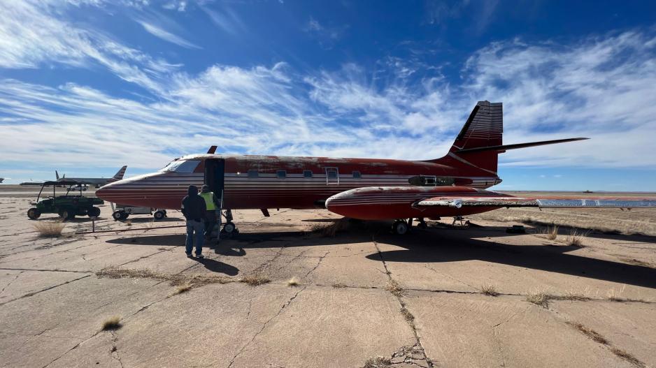 Saturday, Feb. 11, 2023, crews were working towards removing the wings to load the plane in parts on two trucks to transport it to Florida. Saturday, Feb. 11, 2023, crews were working towards removing the wings to load the plane in parts on two trucks to transport it to Florida.