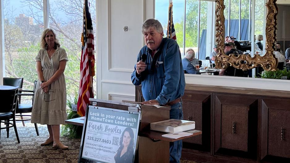 David Currie bids farewell to the Home Builders Assoc. of San Angelo. Executive director Kristen Oliver looks on. David Currie bids farewell to the Home Builders Assoc. of San Angelo. Executive director Kristen Oliver looks on.