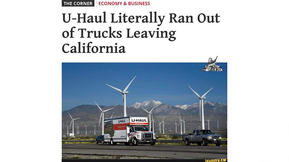 U-Haul ran out of trucks leaving California, according to this news clip. U-Haul ran out of trucks leaving California, according to this news clip.