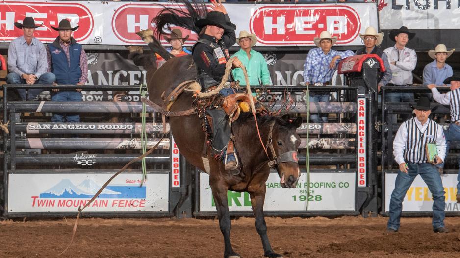 Wyatt Casper on his 86-point ride in bronc riding at the 5th performance of the 2023 San Angelo Rodeo Wyatt Casper on his 86-point ride in bronc riding at the 5th performance of the 2023 San Angelo Rodeo