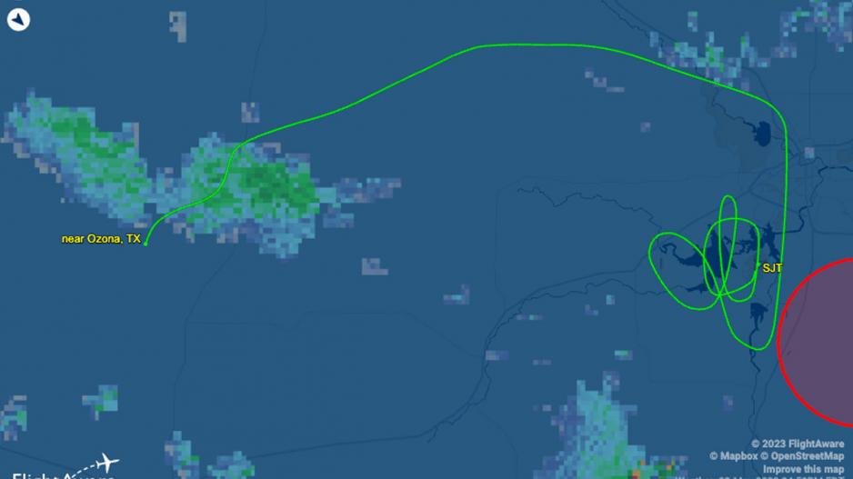 The flight path of the troubled L-39 that crash landed on the Rocker B Ranch near Mertzon on May 2, 2023. The flight path of the troubled L-39 that crash landed on the Rocker B Ranch near Mertzon on May 2, 2023.