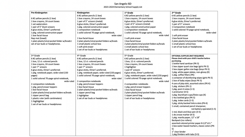 2023-2024 SAISD Elementary School Supply List 2023-2024 SAISD Elementary School Supply List
