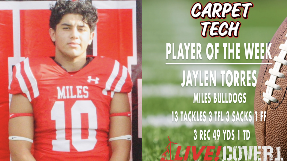 COVER1 and Carpet Tech's Player of the Week: Miles LB/WR Jaylen Torres COVER1 and Carpet Tech's Player of the Week: Miles LB/WR Jaylen Torres