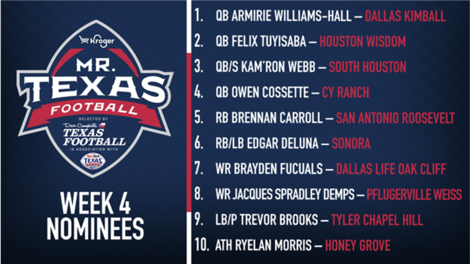 Dave Campbell's Mr. Texas Football Week 4 Player of the Week Nominees Dave Campbell's Mr. Texas Football Week 4 Player of the Week Nominees