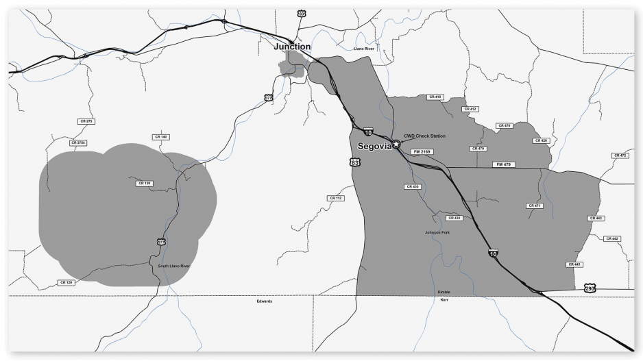 Kimble Co. CWD Surveillance Zones (Courtesy TPWD) Kimble Co. CWD Surveillance Zones (Courtesy TPWD)