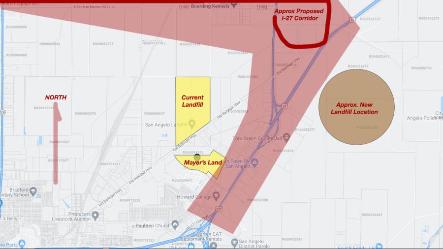 A map of the two landfill locations, the I-27 proposed corridor, and the mayor's land.