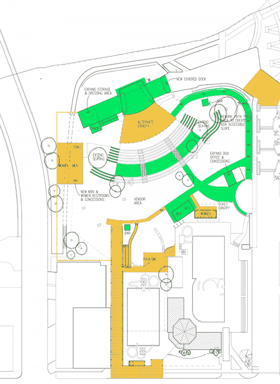 2023 renovation plan for the San Angelo River Stage. Green is for 2023; Yellow is for the following year. 2023 renovation plan for the San Angelo River Stage. Green is for 2023; Yellow is for the following year.
