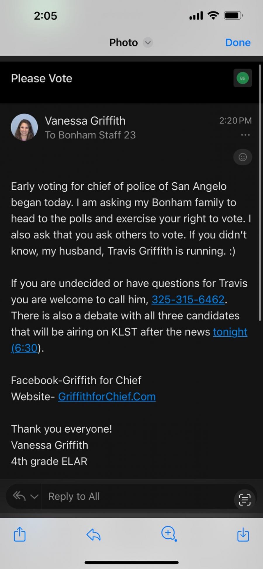 Vanessa Griffith's email to colleagues that seemingly violate election code. Vanessa Griffith's email to colleagues that seemingly violate election code.