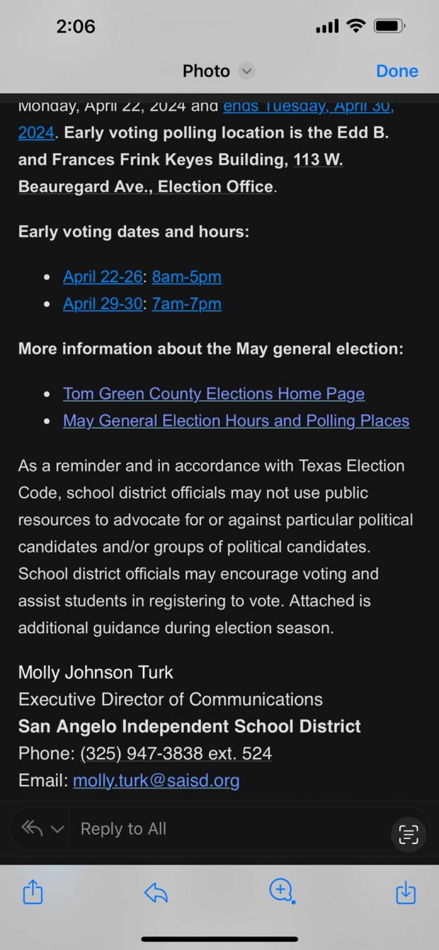 A portion of an email from San Angelo ISD comms director Molly Turk admonishing all not to use school resources to advocate for a particular candidate. A portion of an email from San Angelo ISD comms director Molly Turk admonishing all not to use school resources to advocate for a particular candidate.